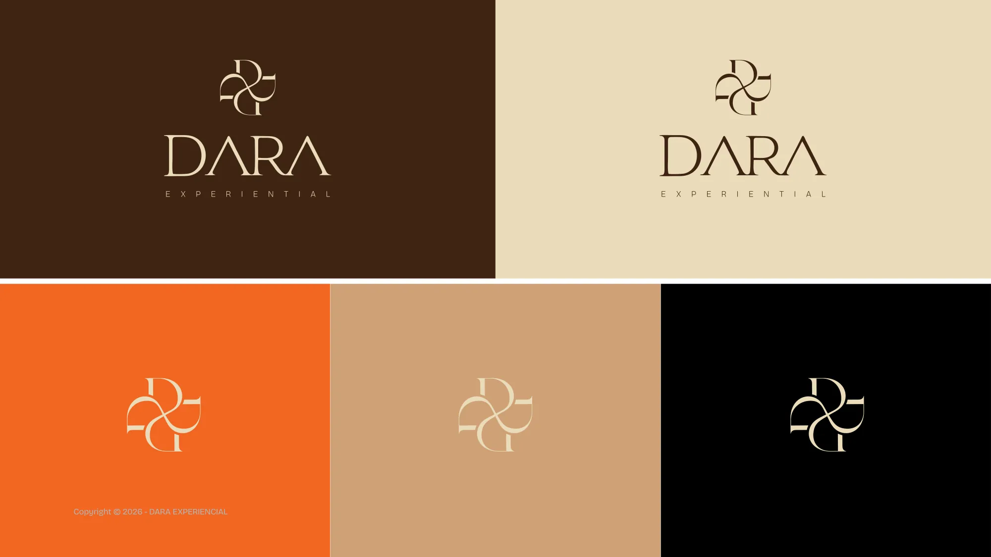Dara logo on espresso, champagne, orange and black