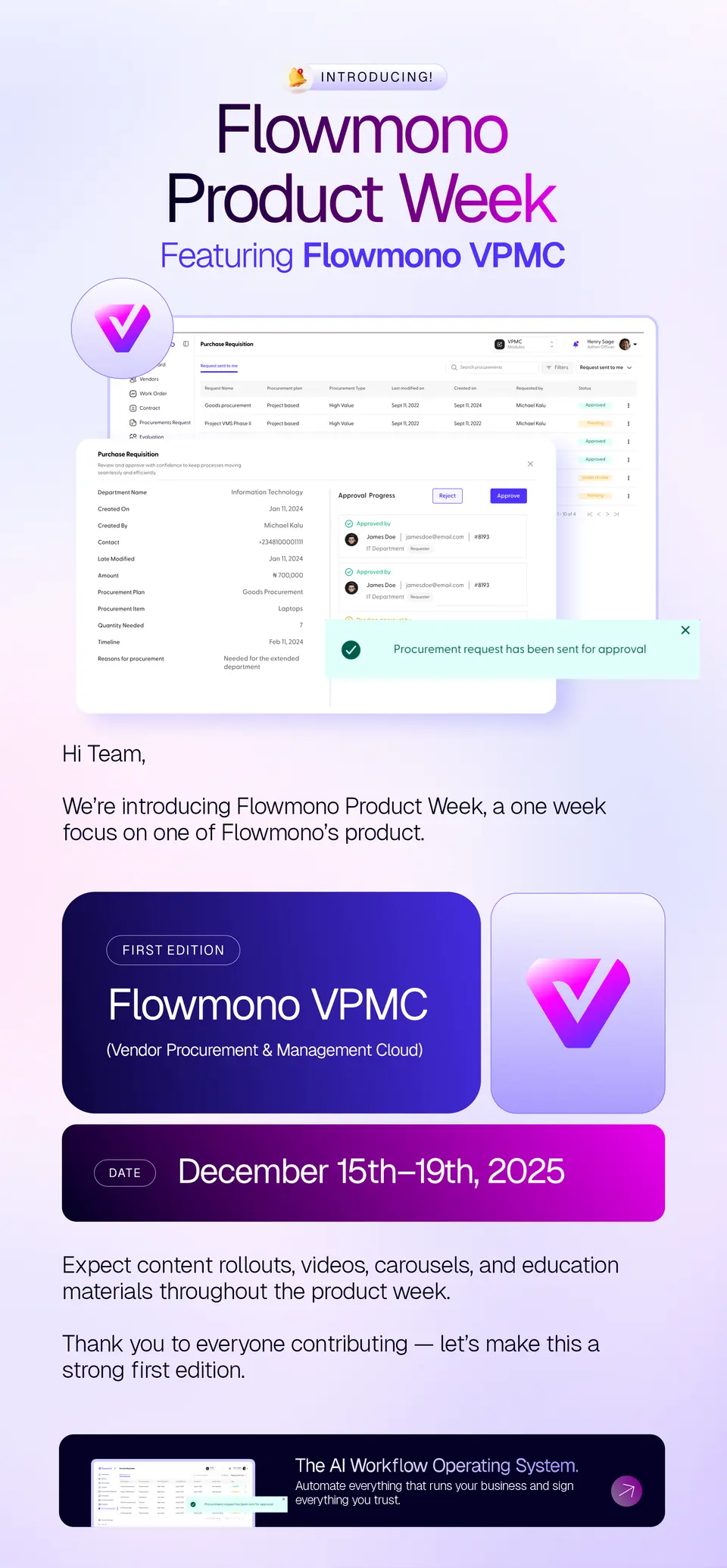 Flowmono Product Week email featuring VPMC
