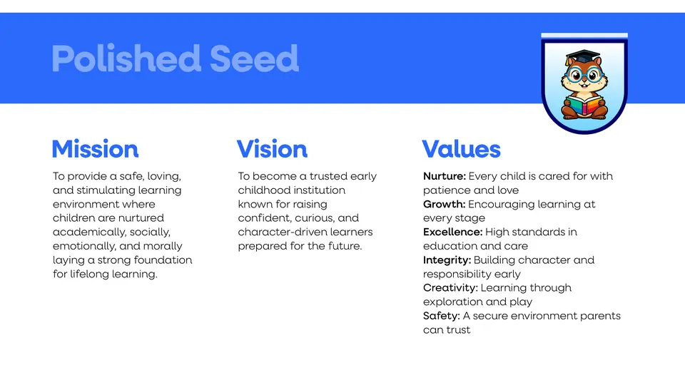 Mission, vision and values
