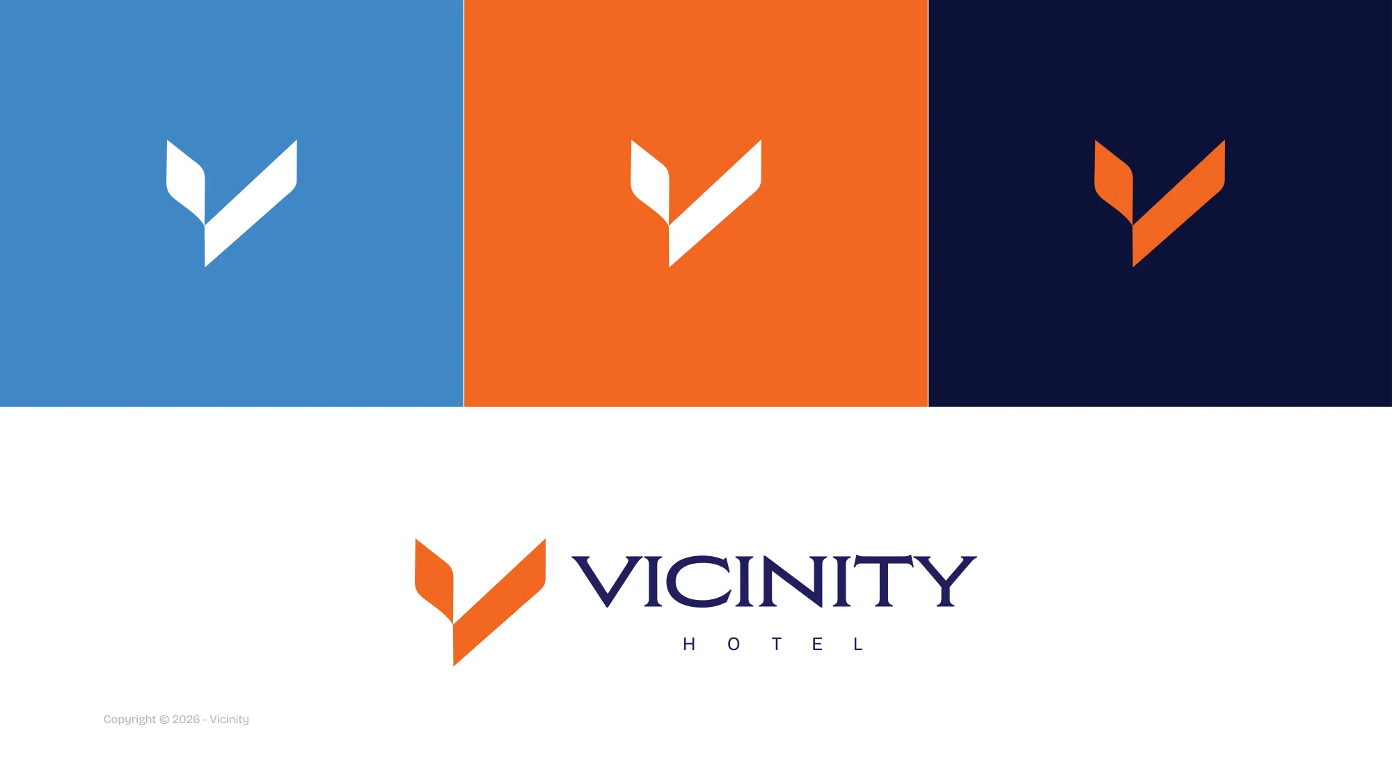 Vicinity logo colourways on navy, orange and white