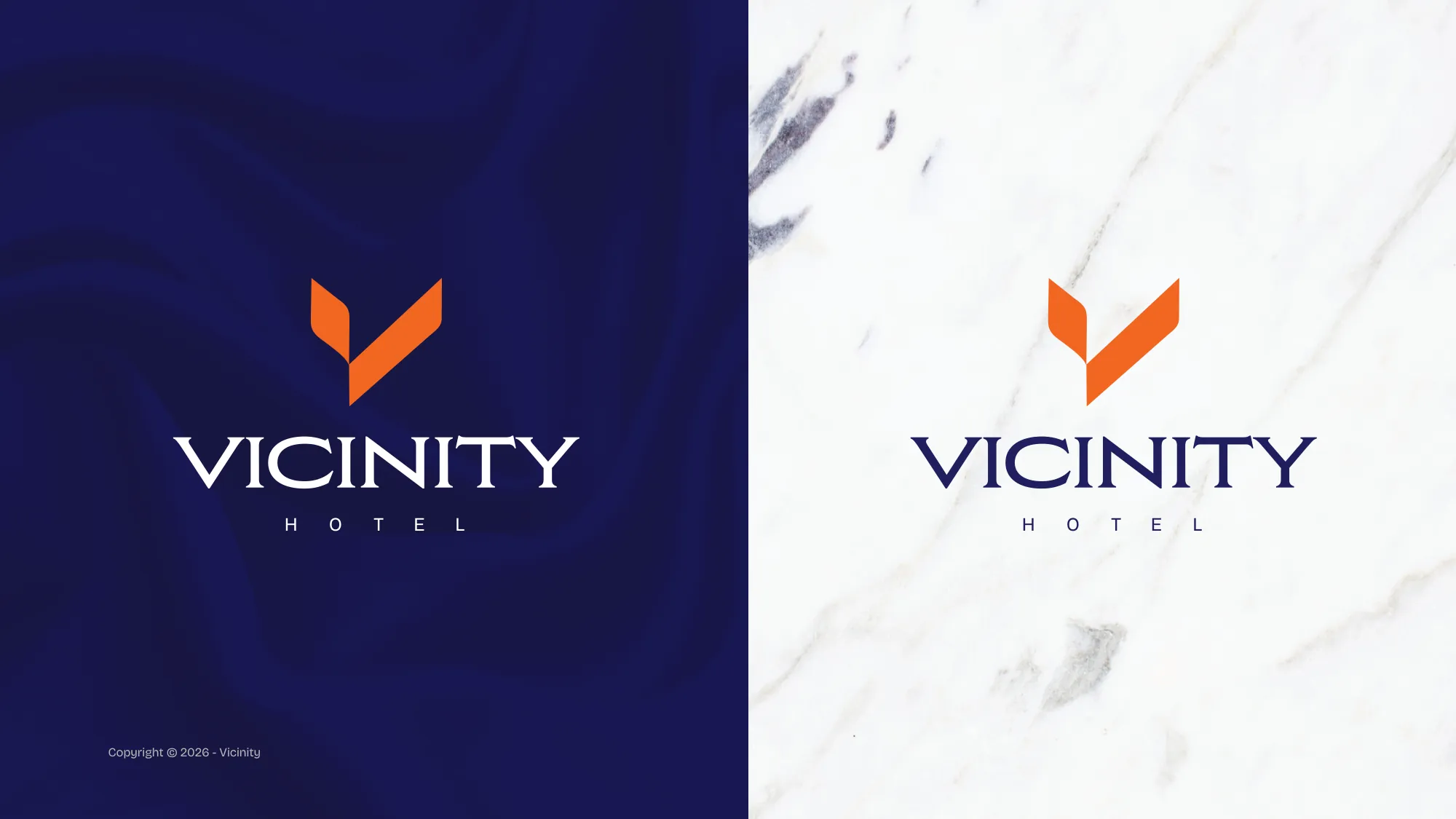 Vicinity logo on midnight and on marble