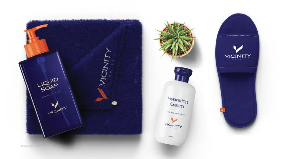 Vicinity room amenities: soap, towel, slippers